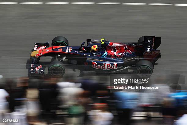 Jaime Alguersuari of Spain and Scuderia Toro Rosso drives during qualifying for the Monaco Formula One Grand Prix at the Monte Carlo Circuit on May...
