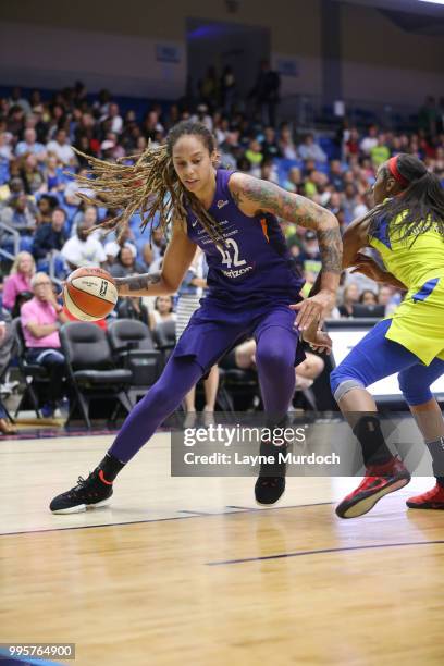 Brittney Griner of the Phoenix Mercury handles the ball against the Dallas Wings on July 10, 2018 at the College Park Center in Arlington, Texas....