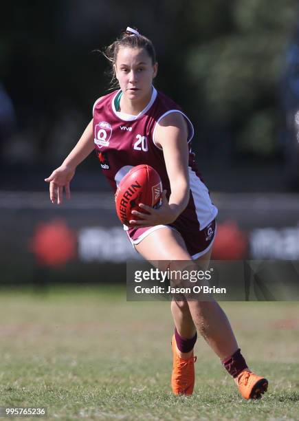 Queensland's Natalie Grider during the AFLW U18 Championships match between Queensland and Vic Metro at Broadbeach Sports Club on July 11, 2018 in...
