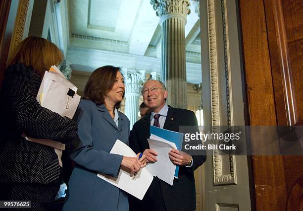 Sen. Maria Cantwell, D-Wash., and Sen. Ken Salazar, D-Colo., arrive for their news conference to highlight the importance of passing federal...