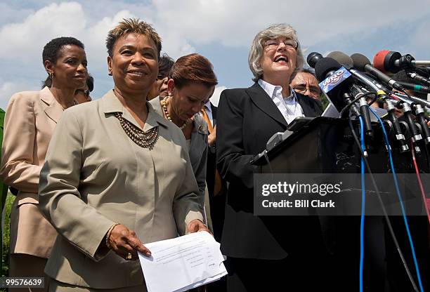From left, Rep. Donna Edwards, D-Md., Rep. Barbara Lee, D-Calif., Rep. Nydia Velazquez, D-N.Y., Rep. Lynn Woolsey, D-Calif., and others members of...
