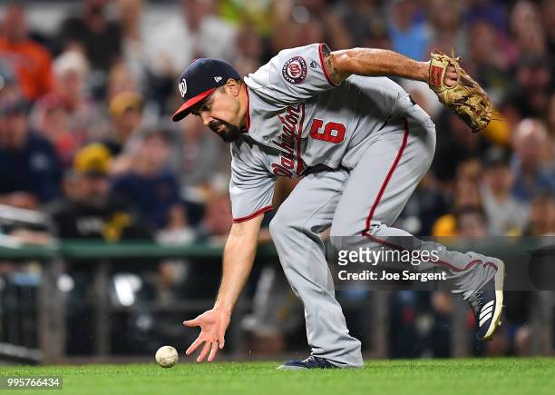 Anthony Rendon of the Washington Nationals fields a ball off the bat of Jordy Mercer of the Pittsburgh Pirates during the fifth inning at PNC Park on...