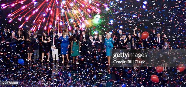 Presidential candidate John McCain, far left, waves to the crowd with the McCain and Palin families after his speech to the Republican National...