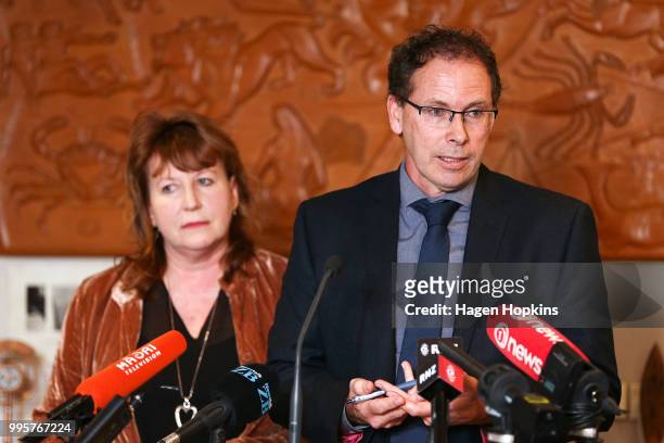 Chief Executive, Paul Thompson, speaks while Broadcasting, Communications and Digital Media Minister, Clare Curran looks on during a media conference...