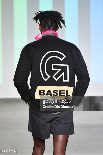 Model walks the runway at the Gustav Von Aschenbach fashion show during July 2018 New York City Men's Fashion Week at Industria Studios on July 10,...