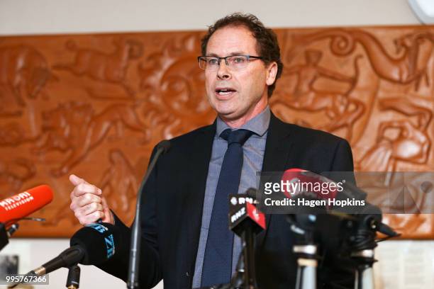 Chief Executive, Paul Thompson, speaks during a media conference at Radio New Zealand on July 11, 2018 in Wellington, New Zealand. A new $6 million...