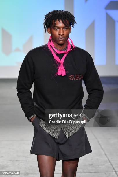 Model walks the runway at the Gustav Von Aschenbach fashion show during July 2018 New York City Men's Fashion Week at Industria Studios on July 10,...