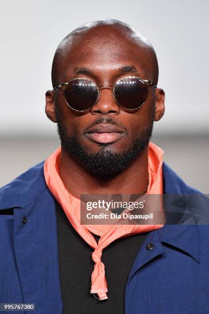 Model walks the runway at the Gustav Von Aschenbach fashion show during July 2018 New York City Men's Fashion Week at Industria Studios on July 10,...