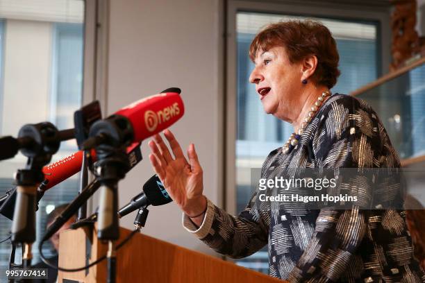 On Air Chair, Ruth Harley speaks during a media conference at Radio New Zealand on July 11, 2018 in Wellington, New Zealand. A new $6 million...