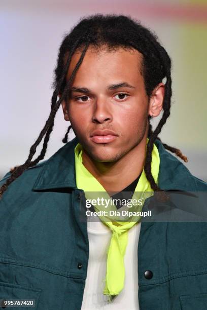 Model walks the runway at the Gustav Von Aschenbach fashion show during July 2018 New York City Men's Fashion Week at Industria Studios on July 10,...