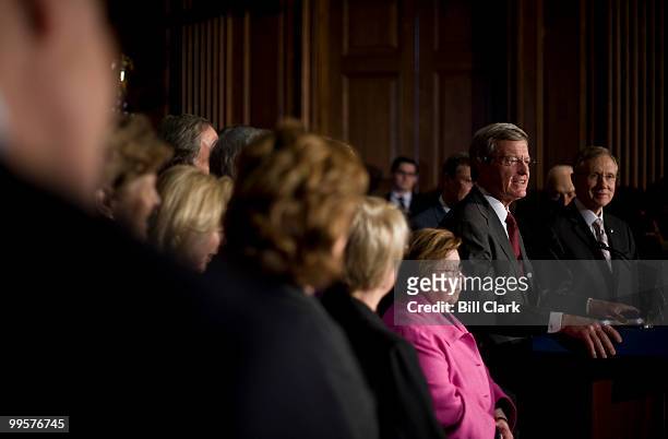 Sen. Max Baucus, D-Mont., speaks during the Senate Democrats' news conference following the passage of the healthcare reconciliation bill on...