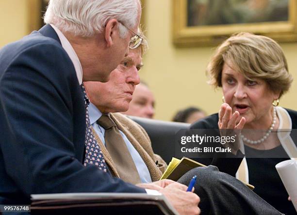 From left, Rep. Christopher Shays, R-Conn., actor Robert Redford and Rep. Louise Slaughter, D-N.Y., talk during the House Appropriations Committee...