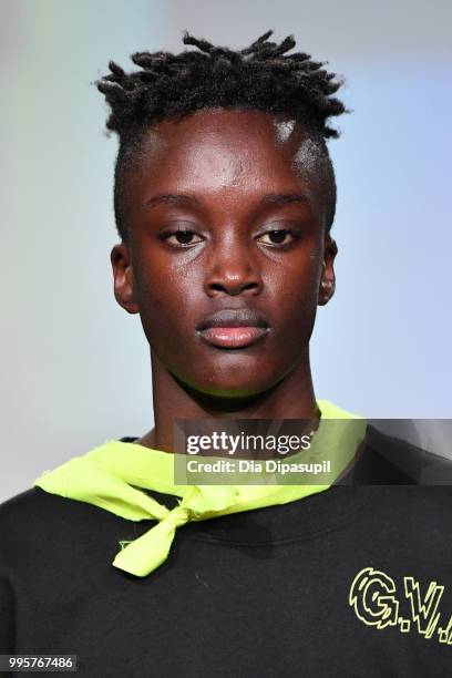 Model walks the runway at the Gustav Von Aschenbach fashion show during July 2018 New York City Men's Fashion Week at Industria Studios on July 10,...