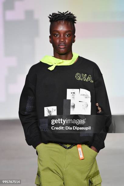 Model walks the runway at the Gustav Von Aschenbach fashion show during July 2018 New York City Men's Fashion Week at Industria Studios on July 10,...