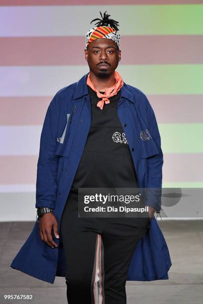 Model walks the runway at the Gustav Von Aschenbach fashion show during July 2018 New York City Men's Fashion Week at Industria Studios on July 10,...