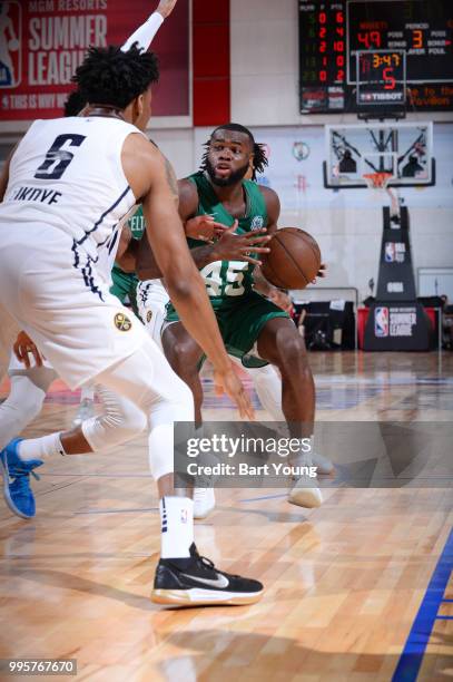 Kadeem Allen of the Boston Celtics handles the ball against the Denver Nuggets during the 2018 Las Vegas Summer League on July 7, 2018 at the Cox...