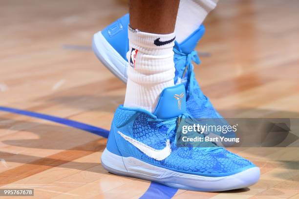 The sneakers worn by Monte Morris of the Denver Nuggets are seen against the the Boston Celtics during the 2018 Las Vegas Summer League on July 7,...