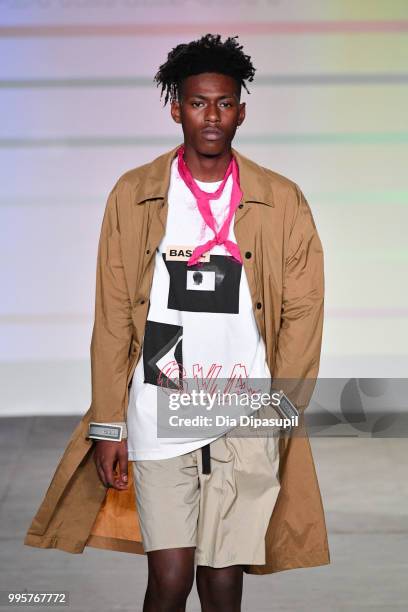 Model walks the runway at the Gustav Von Aschenbach fashion show during July 2018 New York City Men's Fashion Week at Industria Studios on July 10,...