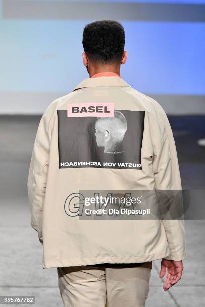Model walks the runway at the Gustav Von Aschenbach fashion show during July 2018 New York City Men's Fashion Week at Industria Studios on July 10,...