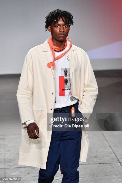 Model walks the runway at the Gustav Von Aschenbach fashion show during July 2018 New York City Men's Fashion Week at Industria Studios on July 10,...