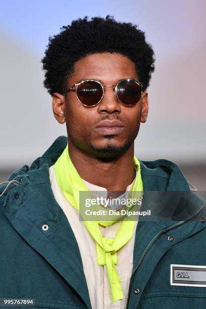 Model walks the runway at the Gustav Von Aschenbach fashion show during July 2018 New York City Men's Fashion Week at Industria Studios on July 10,...