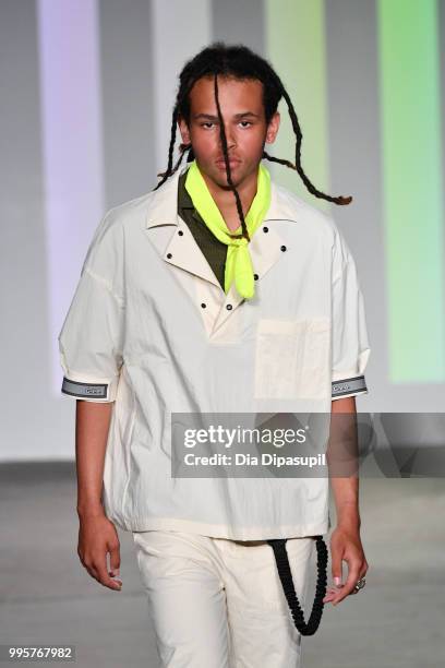 Model walks the runway at the Gustav Von Aschenbach fashion show during July 2018 New York City Men's Fashion Week at Industria Studios on July 10,...