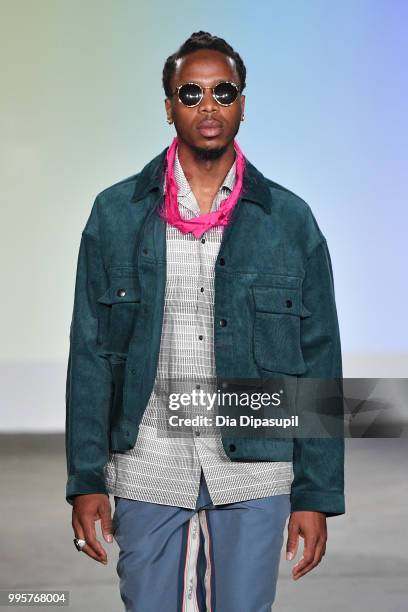 Model walks the runway at the Gustav Von Aschenbach fashion show during July 2018 New York City Men's Fashion Week at Industria Studios on July 10,...