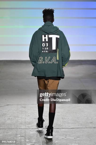 Model walks the runway at the Gustav Von Aschenbach fashion show during July 2018 New York City Men's Fashion Week at Industria Studios on July 10,...