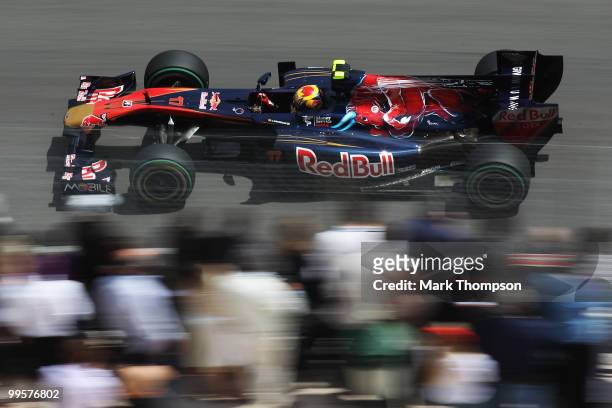 Jaime Alguersuari of Spain and Scuderia Toro Rosso drives during qualifying for the Monaco Formula One Grand Prix at the Monte Carlo Circuit on May...