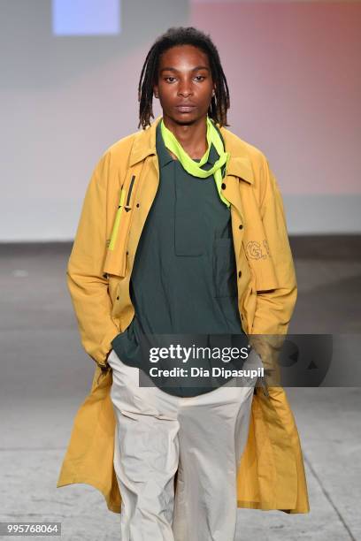 Model walks the runway at the Gustav Von Aschenbach fashion show during July 2018 New York City Men's Fashion Week at Industria Studios on July 10,...