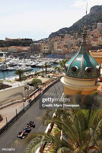 Jaime Alguersuari of Spain and Scuderia Toro Rosso drives during qualifying for the Monaco Formula One Grand Prix at the Monte Carlo Circuit on May...