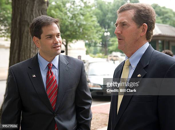 From left, U.S. Senate candidate and former Florida House Speaker Marco Rubio, R-Fla., speaks with Sen. Jim DeMint, R-S.C., on Tuesday, June 16 in...