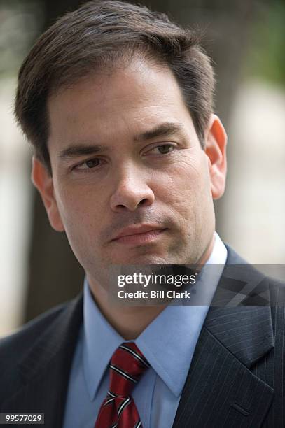 From left, U.S. Senate candidate and former Florida House Speaker Marco Rubio, R-Fla., speaks with Sen. Jim DeMint, R-S.C., not pictured, on Tuesday,...