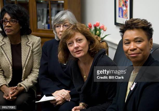From left, Rep. Maxine Waters, D-Calif., Rep. Lynn Woolsey, D-Calif., actress Susan Sarandon and Rep. Barbara Lee, D-Calif., speak to the media...