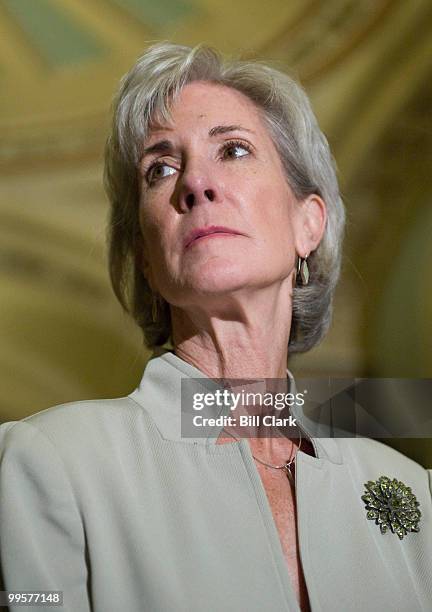 Secretary Kathleen Sebelius participates in a news conference on healthcare reform with Sen. Chris Dodd, D-Conn., and Sen. Tom Carper, D-Del., in the...