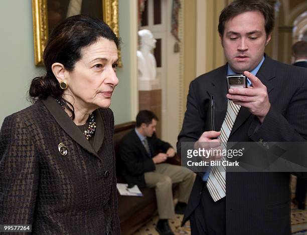 Sen. Olympia Snowe, R-ME., leaves the Senate Republican Policy Committee's meeting to hold leadership elections on Tuesday, Nov. 18, 2008.