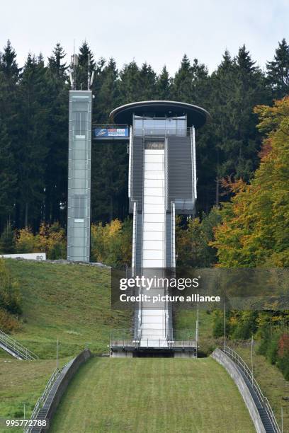 View of the Muehlenkopf jump in Willingen, Germany, 29 September 2017. Since 1995, the jump has been used for the Ski Jumping World Cup of the...