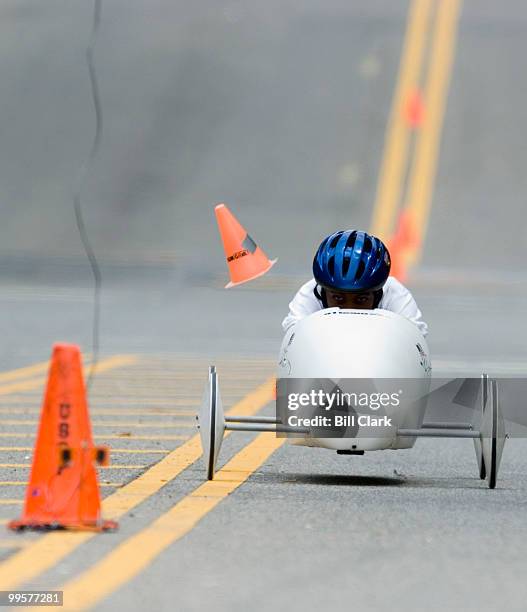 Avery Coles of Landover, Md., hits a lane cone as he races down Constitution Ave. Next to the Capitol during the 2007 Greater Washington Soap Box...