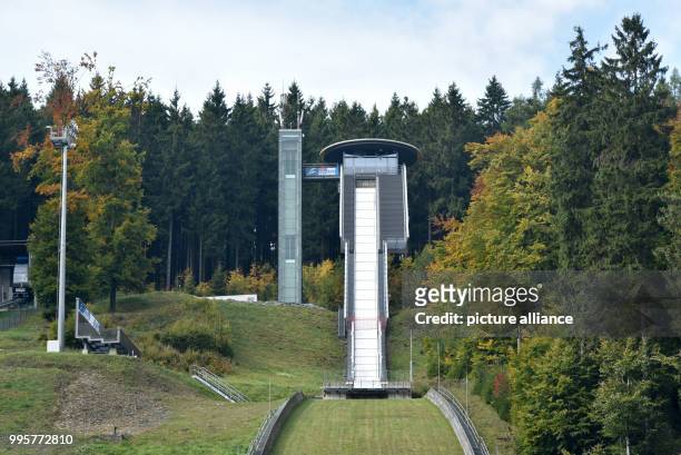View of the Muehlenkopf jump in Willingen, Germany, 29 September 2017. Since 1995, the jump has been used for the Ski Jumping World Cup of the...