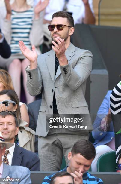 Justin Timberlake attends day eight of the Wimbledon Tennis Championships at the All England Lawn Tennis and Croquet Club on July 10, 2018 in London,...