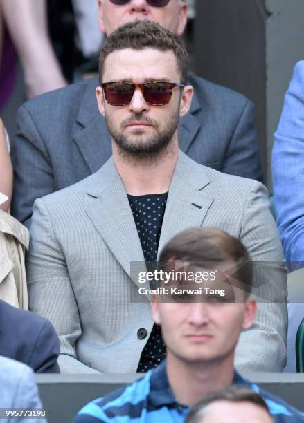 Justin Timberlake attends day eight of the Wimbledon Tennis Championships at the All England Lawn Tennis and Croquet Club on July 10, 2018 in London,...