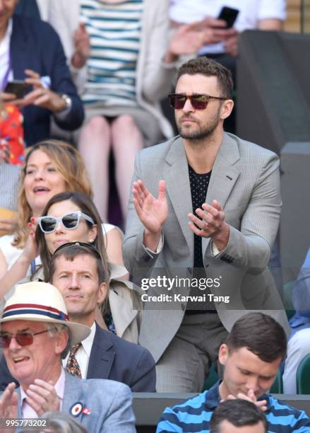 Justin Timberlake attends day eight of the Wimbledon Tennis Championships at the All England Lawn Tennis and Croquet Club on July 10, 2018 in London,...