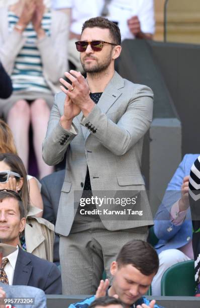 Justin Timberlake attends day eight of the Wimbledon Tennis Championships at the All England Lawn Tennis and Croquet Club on July 10, 2018 in London,...