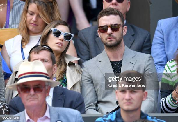 Jessica Biel and Justin Timberlake attend day eight of the Wimbledon Tennis Championships at the All England Lawn Tennis and Croquet Club on July 10,...