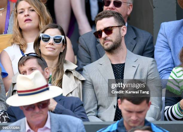 Jessica Biel and Justin Timberlake attend day eight of the Wimbledon Tennis Championships at the All England Lawn Tennis and Croquet Club on July 10,...