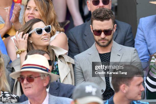 Jessica Biel and Justin Timberlake attend day eight of the Wimbledon Tennis Championships at the All England Lawn Tennis and Croquet Club on July 10,...