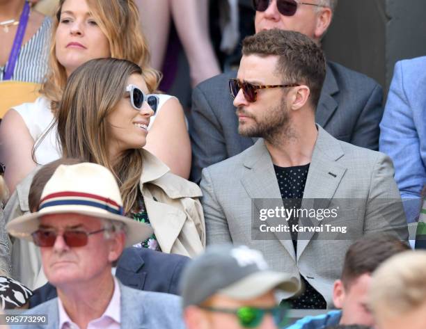 Jessica Biel and Justin Timberlake attend day eight of the Wimbledon Tennis Championships at the All England Lawn Tennis and Croquet Club on July 10,...