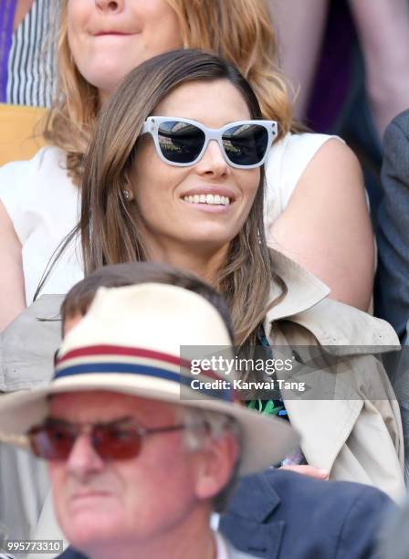 Jessica Biel attends day eight of the Wimbledon Tennis Championships at the All England Lawn Tennis and Croquet Club on July 10, 2018 in London,...