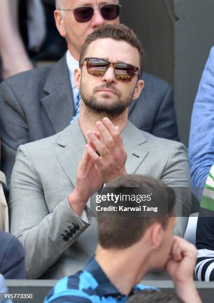 Justin Timberlake attends day eight of the Wimbledon Tennis Championships at the All England Lawn Tennis and Croquet Club on July 10, 2018 in London,...