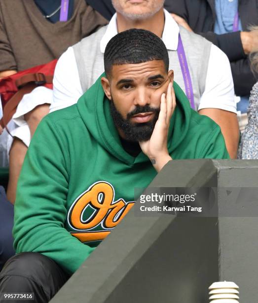 Drake attends day eight of the Wimbledon Tennis Championships at the All England Lawn Tennis and Croquet Club on July 10, 2018 in London, England.